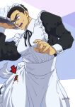  1boy alternate_costume ao_isami apron bara black_dress black_hair commentary_request crossdressing dated dress enmaided facial_hair feet_out_of_frame frilled_apron frills highres holding holding_tray lageins large_pectorals long_sleeves looking_down maid maid_apron maid_headdress male_focus male_maid muscular muscular_male open_mouth pectorals puffy_long_sleeves puffy_sleeves sideburns_stubble signature solo spilling stained_clothes standing stubble sweatdrop teeth thick_eyebrows tray turn_pale white_apron wrist_cuffs yuuki_bakuhatsu_bang_bravern 