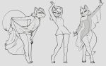 bottomless breasts canid canine clothed clothing dress eyes_closed female feretta fox genitals hi_res mammal pussy simple_background sketch small_breasts smile translucent translucent_clothing upskirt vixavil_hayden 