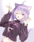  1girl :3 ahoge animal_collar animal_ear_fluff animal_ears bangs black_hoodie blue_eyes blush cat_ears cat_girl cat_tail collar crossed_bangs eyebrows_visible_through_hair hair_between_eyes hands_up highres hololive hood hoodie long_sleeves looking_at_viewer medium_hair messy_hair midriff navel nekomata_okayu oji_(osushi_ojisan) one_eye_closed onigiri_print open_mouth sidelocks simple_background smile solo tail upper_body virtual_youtuber 