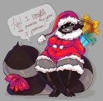  2019 3_toes absolute_territory absurd_res accessory anthro artist_name belly big_breasts big_tail biped black_clothing black_hair black_legwear black_mask black_nose black_stocking black_thigh_highs black_toes blue_gift blush blush_lines bottom_heavy bow_ribbon breasts brown_eyes christmas christmas_clothing christmas_headwear clothing colored conjoined_speech_bubble dated dialogue digital_media_(artwork) digital_painting_(artwork) drawstring drawstring_topwear dress english_text exclamation_point eyebrow_through_hat feet female fluffy fluffy_tail footwear front_view full-length_portrait fur furgonomics gift gift_bow glistening glistening_body glistening_bow glistening_clothing glistening_eyes glistening_fur glistening_legs glistening_ribbon glistening_tail glistening_thighs green_bow green_ribbon grey_background grey_body grey_ears grey_fur grey_speech_bubble grey_tail hair hat headgear headwear hi_res holidays huge_tail huge_thighs interjection legwear long_tail looking_forward mallory_(toxicsoul77) mammal markings mask navel_outline open_mouth open_smile orange_gift overweight overweight_anthro overweight_female portrait procyonid pupils raccoon raccoon_tail red_bow red_clothing red_dress red_hat red_headwear red_ribbon ribbons ring_(marking) ringed_tail santa_dress santa_hat shaded shadow signature simple_background smile solo speech_bubble standing striped_markings striped_tail stripes tail tail_accessory tail_bow tail_markings tail_ribbon tail_tuft talking_to_another teeth text thick_thighs thigh_highs toeless_footwear toeless_legwear toeless_stockings toes toxicsoul77 translucent translucent_clothing translucent_hat translucent_headwear tuft underline wide_hipped_anthro wide_hipped_female wide_hips yellow_bow yellow_ribbon 