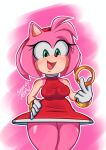  amy_rose anthro breasts clothing eulipotyphlan female gloves handwear hedgehog hi_res holding_object mammal multicolored_body multicolored_skin open_mouth open_smile pink_body pink_skin sega signature simple_background smile solo sonic_the_hedgehog_(series) speedynsfw tan_body tan_skin two_tone_body two_tone_skin 