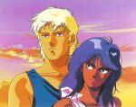 1980s_(style) 1boy 1girl afranshia_char blonde_hair blue_eyes cloud couple dusk everly_key gaia_gear green_eyes grin gundam key_visual kitazume_hiroyuki looking_at_another looking_to_the_side mullet official_art promotional_art purple_hair retro_artstyle scan smile tank_top traditional_media upper_body 