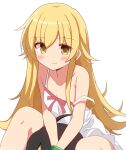  1boy 1girl ahoge bakemonogatari bare_shoulders blonde_hair blush breasts camisole cleavage collarbone commentary curakuru fang fang_out hair_between_eyes head_between_thighs highres knees_up long_hair looking_at_viewer monogatari_(series) oshino_shinobu red_ribbon ribbon sidelocks simple_background small_breasts solo_focus white_background white_camisole yellow_eyes 