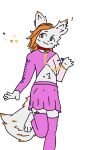  anthro blue_eyes bottomwear choker clothing feral hair heterochromia jewelry male mechanical_fingers necklace orange_hair pink_clothing red_eyes skirt solo tail truefaith whire white_body 