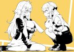  2girls aged_down commentary full_body girls&#039;_frontline greyscale holding holding_stuffed_toy long_hair looking_at_another monochrome multiple_girls nakiusagi official_alternate_costume simple_background sitting squatting stuffed_animal stuffed_toy symbol-only_commentary ump45_(agent_lop_rabbit)_(girls&#039;_frontline) ump45_(girls&#039;_frontline) ump9_(girls&#039;_frontline) ump9_(shiba_investigator)_(girls&#039;_frontline) wariza yellow_theme 