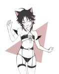  1boy :3 androgynous animal_ears bat_ornament bat_wings black_bra black_garter_belt black_hair black_nails black_pantyhose bra cat_boy cat_ears cat_thigh_strap doupu41 facial_mark feet_out_of_frame flat_chest forehead_mark garter_belt genshin_impact hand_up heart_o-ring highres lingerie looking_ahead looking_at_viewer male_focus open_mouth pantyhose short_hair simple_background solo thighhighs underwear white_background wings xiao_(genshin_impact) 