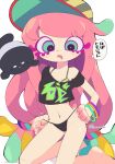  1girl :o alternate_costume barefoot bed_sheet bikini bikini_bottom_lift bikini_under_clothes black_bikini black_skirt blush bracelet breasts colored_eyelashes commentary_request crop_top drooling green_eyes green_hair hair_flaps hair_ornament hair_scrunchie harmony&#039;s_clownfish_(splatoon) harmony_(splatoon) highres jewelry kiirono lifting_own_clothes long_hair looking_down mouth_drool multicolored_hair multiple_bracelets navel notice_lines off_shoulder open_mouth orange_hair pink_hair purple_eyes purple_pupils scrunchie skirt small_breasts solo splatoon_(series) splatoon_3 stomach striped_bikini striped_clothes swimsuit tentacle_hair thought_bubble translation_request twitter_username very_long_hair 