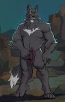  2023 anthro arm_scar biceps canid canine canis clothing cowboy fangs gol1ath grin hat headgear headwear hi_res looking_at_viewer male mammal manly mountain night nude outside pecs scar smile solo standing strategically_covered teeth wolf 