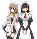  2girls alternate_costume apron armband ascot black_dress black_eyes black_hair blunt_bangs blush bow bowtie brown_eyes brown_hair closed_mouth collared_dress commentary detached_collar dress enmaided frilled_armband frilled_dress frills frown girls_und_panzer gloves juliet_sleeves long_dress long_hair long_sleeves looking_at_viewer maid maid_apron maid_headdress mature_female multiple_girls nishizumi_shiho oosaka_kanagawa orange_bow orange_bowtie puffy_sleeves red_ascot shimada_chiyo short_dress side-by-side simple_background smile standing straight_hair strapless strapless_dress sweatdrop v_arms white_apron white_background white_gloves wing_collar 