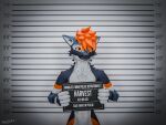  anthro arrested blender_(artwork) blender_cycles criminal cuff_(restraint) digital_media_(artwork) english_text fur hair handcuffs male mammal meme metal_cuffs mrgaleo open_mouth police restraints rexouium sign simple_background smile solo text 