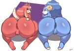  anthro ariem_(sonic) big_butt biped blue_hair bovid butt canid canine caprine cherryfox73 duo female genitals hair hi_res huge_butt looking_at_viewer looking_back looking_back_at_viewer mammal mature_female nude pussy rear_view sheep smile thick_thighs 