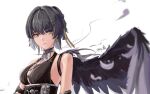  1girl bare_shoulders black_wings breasts chinese_commentary commentary eyeliner feathered_wings feathers female_rover_(wuthering_waves) grey_feathers grey_hair hair_intakes hair_ornament hair_ribbon hairclip halterneck highres jiyu_(606449841) lips looking_at_viewer lower_lip_only makeup medium_breasts red_eyeliner ribbon rover_(wuthering_waves) short_hair signature simple_background single_wing solo upper_body white_background wings wuthering_waves yellow_eyes yellow_ribbon 