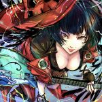  1girl bent_over black_feathers black_gloves black_hair black_shirt boots breasts cleavage collarbone electric_guitar feathers fingerless_gloves gloves guilty_gear guilty_gear_strive guitar hat highres holding holding_guitar holding_instrument i-no illustica_phantom instrument jacket large_breasts mole red_footwear red_hat red_jacket red_lips shirt short_hair solo thigh_boots witch_hat 