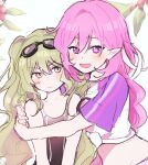  2girls 5rwpvc :d black_one-piece_swimsuit blush brown_eyes character_request closed_mouth collarbone elysia_(honkai_impact) goggles goggles_on_head green_hair hair_between_eyes highres honkai_(series) honkai_impact_3rd hug long_hair mobius_(honkai_impact) multiple_girls official_alternate_costume one-piece_swimsuit pink_hair pointy_ears purple_eyes shirt short_sleeves simple_background sketch smile swim_goggles swimsuit twintails v-shaped_eyebrows very_long_hair white_background white_shirt 
