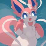  2024 3_fingers :3 ambiguous_gender anthro biped blue_background blue_eyes blue_inner_ear bow_(feature) bow_accessory bow_tie cel_shading colored cute_fangs digital_media_(artwork) digital_painting_(artwork) ear_bow eeveelution fingers fluffy fluffy_chest fluffy_tail front_view fur generation_6_pokemon gloves_(marking) half-length_portrait kemono looking_at_viewer mammal markings monotone_tail multicolored_body multicolored_ears multicolored_fur nagasaki_wonderful_polyester nintendo open_:3 open_mouth open_smile pawpads paws pink_body pink_ears pink_fur pink_pawpads pink_tail pokemon pokemon_(species) portrait pupils ribbons semi-anthro shaded signature simple_background smile solo standing sylveon tail two_tone_body two_tone_ears two_tone_fur whiskers white_body white_fur white_pupils 