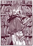  1boy :d animal_ears book bookshelf border brown_theme cat_ears commentary_request crystal_exarch facing_viewer final_fantasy final_fantasy_xiv from_behind g&#039;raha_tia holding holding_book itowo_(itowc) looking_back male_focus miqo&#039;te monochrome robe smile solo white_border 