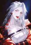  1girl asymmetrical_arms chinese_commentary collarbone commentary earrings fang harness highres jacket jewelry llmia4 looking_at_viewer ninety-nine_(path_to_nowhere) path_to_nowhere red_eyes restrained solo strapless tongue tongue_out tube_top upper_body white_tube_top 