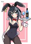  1girl :&lt; absurdres ahoge alternate_costume animal_ears arknights artist_name black_hair black_leotard black_pantyhose blush border bottle bow bowtie breasts bright_pupils commentary contrapposto cowboy_shot cup detached_collar drinking_glass fake_animal_ears fake_tail feather_hair grey_eyes hand_on_own_hip hendra highres holding holding_tray inset_border la_pluma_(arknights) leotard looking_at_viewer medium_breasts notice_lines pantyhose pink_background playboy_bunny rabbit_ears red_bow red_bowtie short_hair simple_background solo tail tray white_background white_pupils wine_glass 