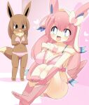  2girls :d animal_ears barefoot blue_eyes blush bow bowtie bra breast_envy breasts cleavage commentary_request dark_skin eevee fang full_body furrification furry gloves highres large_breasts lets0020 long_hair looking_at_viewer medium_bangs multiple_girls no_shoes open_mouth panties personification pink_bra pink_gloves pink_hair pink_panties pink_socks pokemon sitting skin_fang small_breasts smile socks standing sylveon tail underwear very_long_hair white_bow white_bowtie 