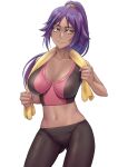  1girl alternate_costume ass_visible_through_thighs black_pants bleach blush breasts brown_eyes closed_mouth collarbone commentary commission cowboy_shot curvy dark-skinned_female dark_skin groin gym_uniform highres impossible_clothes large_breasts long_hair looking_at_viewer navel pants parted_bangs ponytail purple_hair sakuya_(liao_kj) shihouin_yoruichi shiny_skin simple_background skin_tight smile solo split_mouth sports_bra towel towel_around_neck tsurime white_background yellow_eyes yoga_pants 