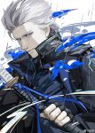  1boy absurdres bishounen black_gloves blue_eyes coat devil_may_cry_(series) devil_may_cry_5 fingerless_gloves gloves hair_slicked_back highres holding holding_sword holding_weapon katana looking_at_viewer male_focus pale_skin solo sword vergil_(devil_may_cry) weapon white_hair yamato_(sword) 