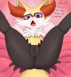  anthro bed bodily_fluids braixen butt canid canine english_text eyewear female fox fur furniture genital_fluids genitals glasses hi_res landomcflurry looking_at_viewer lying mammal nintendo nude on_back open_mouth pok&eacute;mon pok&eacute;mon_(species) pussy pussy_juice red_eyes simple_background solo spread_legs spreading text video_games yellow_body 