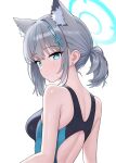  1girl absurdres animal_ear_fluff animal_ears bare_arms bare_shoulders black_one-piece_swimsuit blue_archive blue_eyes blue_halo blush breasts closed_mouth competition_swimsuit cross_hair_ornament extra_ears grey_hair hair_ornament halo highres medium_breasts medium_hair official_alternate_costume one-piece_swimsuit saho_4545 shiroko_(blue_archive) shiroko_(swimsuit)_(blue_archive) simple_background solo swimsuit upper_body white_background wolf_ears 