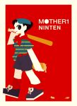  1boy baseball_bat black_footwear black_hair black_shorts blue_eyes border bread character_name closed_mouth copyright_name food hat holding holding_baseball_bat holding_food looking_at_viewer male_focus mother_(game) mother_1 neckerchief ninten nonana_(mikudrop) over_shoulder red_hat red_nails red_neckerchief red_socks shirt shorts sideways_hat socks striped_clothes striped_shirt white_border 