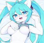  2024 5_fingers ahoge alternate_species anthro areola blush breasts claws clothed clothing clothing_lift cute_fangs devil-vox digital_media_(artwork) domestic_cat exposed_breasts felid feline felis female female_anthro finger_claws fingers fur furrification green_eyes green_hair hair hatsune_miku hi_res kemono long_hair looking_at_viewer mammal nipples open_mouth solo tongue twintails_(hairstyle) vocaloid white_body white_fur 