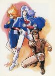  1980s_(style) 1984_(year) 1girl blue_hair brown_hair cape character_request dated gavlet_gable gloves highres juusenki_l-gaim kitazume_hiroyuki kneeling long_hair looking_at_viewer official_art orange_hair pointing pointing_at_viewer production_art promotional_art retro_artstyle scan science_fiction signature traditional_media uniform vest 