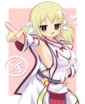  1girl armpits blonde_hair blush breasts brown_eyes commentary_request cowboy_shot detached_sleeves heart japanese_clothes kafuru_(senran_kagura) kariginu lets0020 looking_at_viewer low_twintails medium_bangs medium_breasts medium_hair open_mouth pink_background pointing pointing_at_viewer ribbon-trimmed_sleeves ribbon_trim senran_kagura short_twintails sideboob skirt smile solo teeth twintails two-tone_background upper_teeth_only white_skirt white_sleeves 