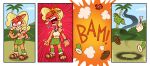  absurd_res activision angry anthro bandicoot blonde_hair bottomwear clothed clothing coco_bandicoot comic crash_bandicoot_(series) cross-popping_vein digital_media_(artwork) explosion feet female footwear green_eyes hair hi_res humor luchosfactory mammal marsupial one_page_comic open_mouth sandals screaming screen screen_face shirt simple_background skirt solo spontaneous_combustion teeth toes tongue topwear 