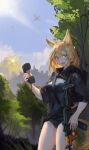  1girl adelie(assaultharpy) aircraft airplane animal_ears assaultharpy bare_legs blonde_hair blue_eyes chinese_commentary commentary_request corded_phone explosion fox_ears fox_girl fox_tail highres holding holding_phone holding_weapon looking_at_viewer military_uniform original phone smile solo tail uniform weapon 