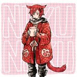  1boy animal_ears black_pants boots cat_ears cat_tail commentary_request final_fantasy final_fantasy_xiv g&#039;raha_tia hair_ornament hairclip holding itowo_(itowc) jacket male_focus miqo&#039;te o3o pants red_eyes red_hair red_jacket short_hair solo tail x_hair_ornament 