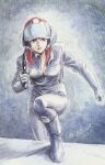  1980s_(style) 1985 1girl boots breasts cleavage dated energy_gun gaw_ha_leecee gloves helmet highres juusenki_l-gaim kitazume_hiroyuki looking_at_viewer production_art promotional_art ray_gun red_hair retro_artstyle scan serious signature sketch traditional_media uniform weapon 