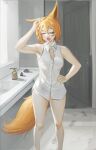 animal_ears assaultharpy bare_arms bare_legs blonde_hair blue_eyes footprints fox_ears fox_girl fox_tail hand_on_own_head looking_at_viewer naked_shirt one_eye_closed original shirt tail white_shirt yawning 