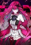  1girl baobhan_sith_(fate) baobhan_sith_(first_ascension)_(fate) bare_shoulders blood blood_on_face boots breasts checkered_floor detached_sleeves dress fate/grand_order fate_(series) frilled_dress frills grey_eyes hair_ornament highres long_hair looking_at_viewer pink_hair pointy_ears red_dress red_footwear satou_nui sidelocks smile solo thigh_boots tongue tongue_out 