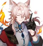  1boy absurdres animal_ear_fluff animal_ears bead_bracelet beads black_gloves bracelet chinese_clothes closed_eyes commentary fire fox_ears fox_shadow_puppet gloves half_gloves highres honkai:_star_rail honkai_(series) jacket jewelry jiaoqiu_(honkai:_star_rail) long_hair looking_at_viewer male_focus pink_hair plus_q red_jacket shirt simple_background smile solo symbol-only_commentary upper_body white_background white_shirt 