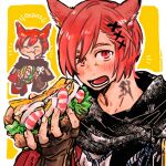 1boy :t animal_ears archon_mark black_scarf blush brown_gloves cat_ears commentary_request final_fantasy final_fantasy_xiv fingerless_gloves food food_request g&#039;raha_tia gloves holding holding_food inset itowo_(itowc) looking_at_viewer male_focus miqo&#039;te open_mouth outline red_eyes red_hair romaji_text sandwich scarf short_hair simple_background solo white_outline yellow_background 