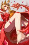 1girl bare_shoulders barefoot blonde_hair braid breasts chalice crown cup dragon_tail dress facial_mark fate/grand_order fate_(series) feet french_braid inugami86 looking_at_viewer nero_claudius_(fate) petals queen_draco_(fate) queen_draco_(first_ascension)_(fate) red_dress red_eyes scales small_breasts smile solo tail 