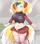  1girl belt bird_tail bird_wings black_belt black_hair blonde_hair bow breasts closed_eyes crop_top greater_bird-of-paradise_(kemono_friends) green_hair grey_hair head_wings heart kemono_friends kemono_friends_3 large_breasts lets0020 long_hair midriff multicolored_hair navel pink_thighhighs red_skirt red_tail red_undershirt red_wings shirt simple_background skirt smile solo tail thick_thighs thighhighs thighs white_hair wings yellow_eyes yellow_tail 