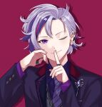  1boy ;) absurdres ear_piercing fuwa_minato grey_hair hand_up highres index_finger_raised iwashi0725 jacket jewelry long_sleeves looking_at_viewer male_focus multicolored_hair nijisanji one_eye_closed piercing purple_eyes purple_hair purple_shirt red_background ring shirt short_hair smile solo streaked_hair virtual_youtuber 