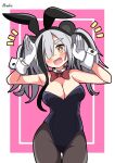  1girl absurdres alternate_costume animal_ears arknights artist_name black_hair black_leotard black_pantyhose blush border bow bowtie breasts bright_pupils cleavage commentary_request detached_collar fake_animal_ears fang feater_(arknights) gloves grey_hair hair_over_one_eye hands_up head_tilt hendra highres inset_border large_breasts leotard looking_at_viewer multicolored_hair notice_lines open_mouth pantyhose pink_background playboy_bunny rabbit_ears rabbit_pose red_bow red_bowtie simple_background smile solo streaked_hair thick_eyebrows twintails white_background white_gloves white_pupils white_wrist_cuffs wrist_cuffs yellow_eyes 