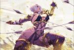  1girl armor breasts choker from_below gloves hair_over_one_eye isabella_valentine large_breasts lipstick makeup rejean_dubois revealing_clothes short_hair solo soulcalibur thighhighs weapon whip_sword white_hair 