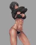  1girl :o abs black_bra black_hair black_panties black_sweater blush bra breasts cleavage clothes_lift contrapposto dark-skinned_female dark_skin earrings grey_background highres jewelry large_breasts lifting_own_clothes linea_alba looking_at_viewer navel original panties ribbed_sweater short_hair sleeves_past_wrists solo stomach sweater sweater_lift thighs toned_female underwear undressing yakan_(mihag3000) 