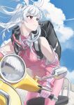  1girl absurdres alice_(nikke) animal_ears backpack bag blue_sky blush bodysuit breasts bypos character_request check_character check_copyright closed_mouth cloud commentary_request copyright_request day detached_sleeves gloves goddess_of_victory:_nikke highres long_hair medium_breasts motor_vehicle on_scooter one_side_up outdoors pink_bodysuit pink_eyes pink_gloves rabbit_ears scooter sky vespa white_hair 