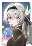  1girl absurdres black_hairband black_jacket blue_eyes blue_pupils blush border bug closed_mouth double-parted_bangs drink drinking_straw drinking_straw_in_mouth ejpytr fingernails firefly firefly_(honkai:_star_rail) grey_hair hair_between_eyes hair_ornament hair_ribbon hairband highres holding holding_drink honkai:_star_rail honkai_(series) jacket long_hair looking_at_viewer multicolored_eyes pink_eyes ribbon signature solo upper_body white_border 
