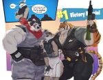  anthro bear biceps big_butt bulge butt canid canine canis clothed clothing confident crossed_arms epic_games felid fishingmanmax fortnite group hand_on_shoulder hands_behind_back hi_res licking licking_lips looking_at_another looking_down male male/male mammal musclegut muscular muscular_anthro muscular_male muscular_thighs nervous oscar_(fortnite) pantherine pecs polar_bear polar_patroller size_difference smile tiger tongue tongue_out triceps trio ursine wendell_(fortnite) wolf 