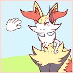  angry anthro blush bottomwear braixen breasts cheek_tuft chest_tuft clothing duo facial_tuft female fur generation_6_pokemon hi_res inner_ear_fluff johnsierra nintendo pointy_nose pokemon pokemon_(species) red_eyes skirt small_breasts tuft yellow_body yellow_fur 