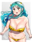  1girl animal_print bikini breasts cleavage commentary_request green_hair highres horns kenken28937178 large_breasts looking_at_viewer lum navel oni open_mouth smile solo swimsuit tiger_print urusei_yatsura yellow_eyes 